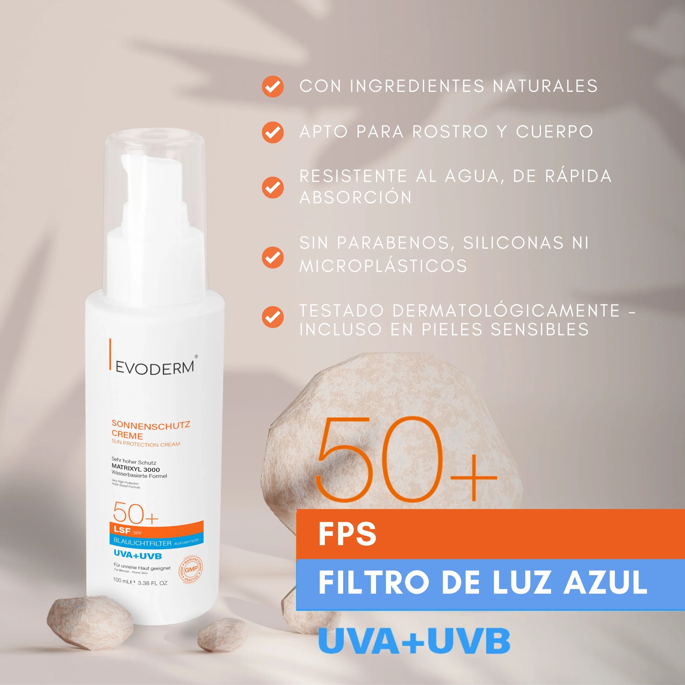 EVODERM SPF50+ Sunscreen with Matrixyl 3000 — UV & Blue Light Protection 100ml