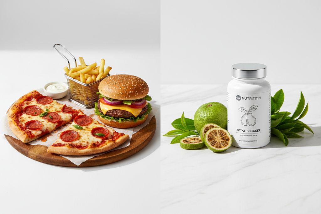 GP Nutrition Total Blocker - natural supplement alongside indulgent foods, balanced lifestyle concept