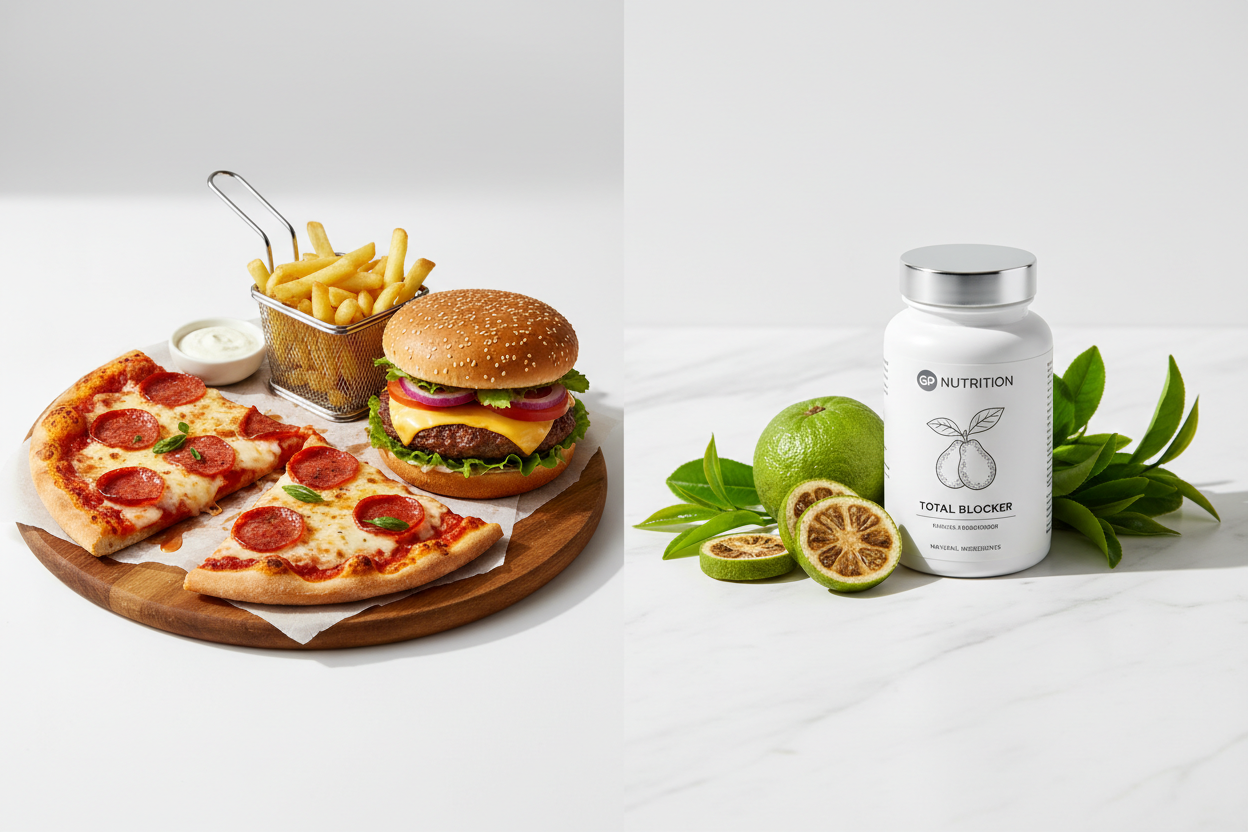 GP Nutrition Total Blocker - natural supplement alongside indulgent foods, balanced lifestyle concept